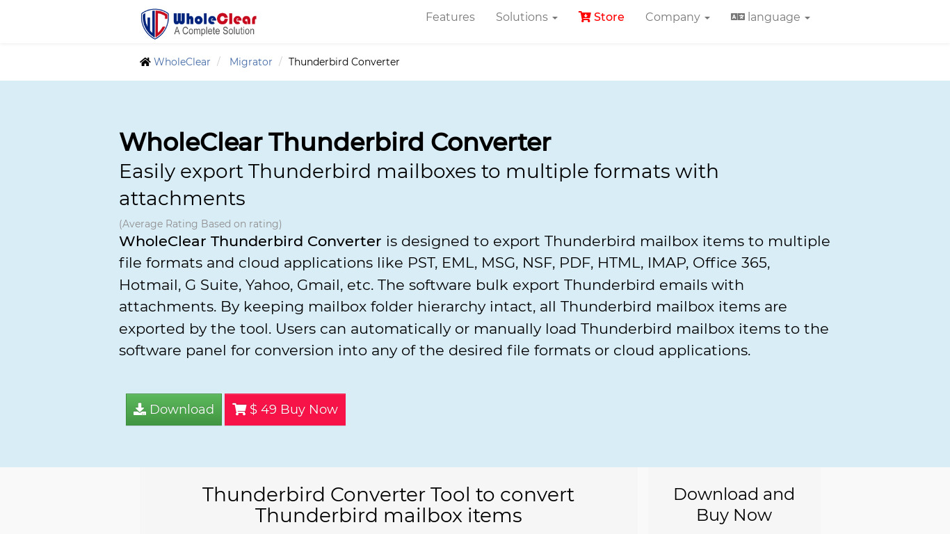 WholeClear Thunderbird Converter Landing page
