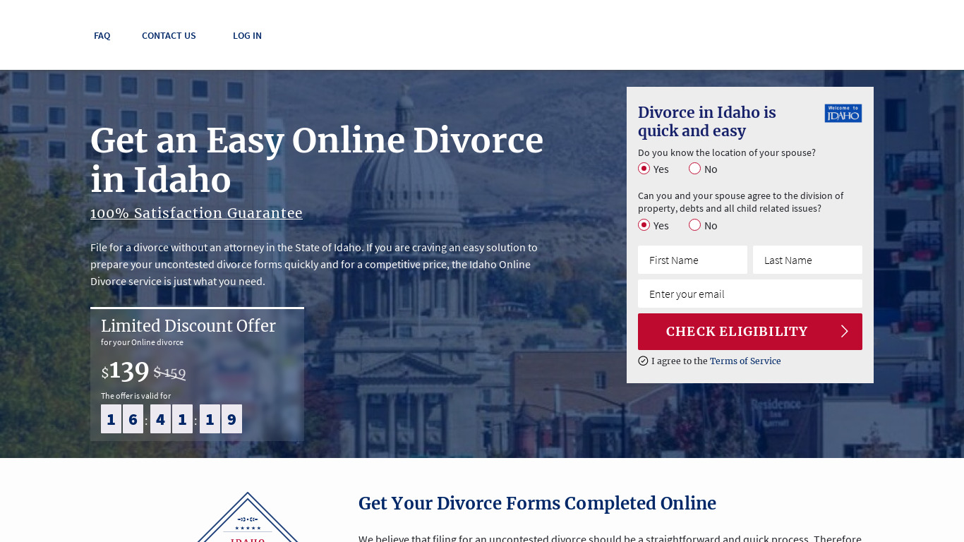 Idaho Online Divorce Landing page