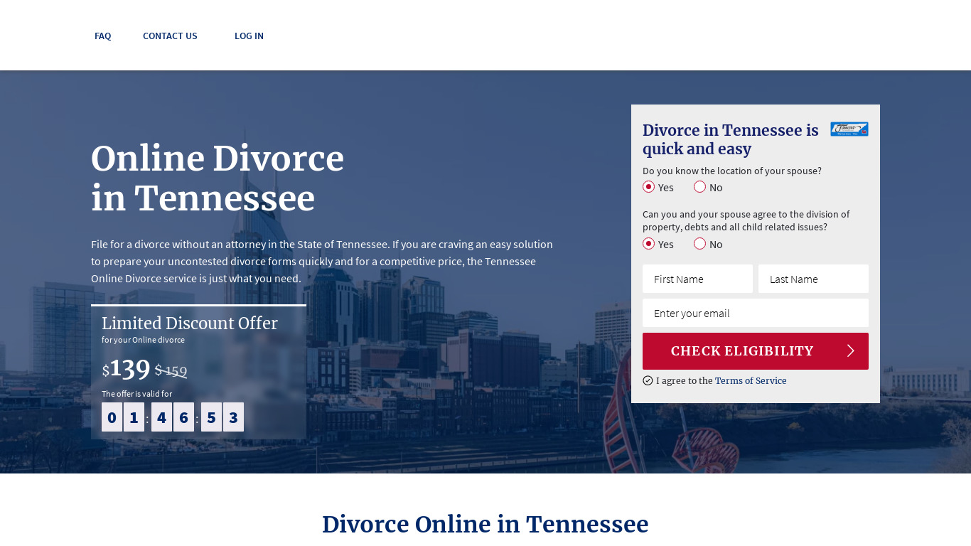 Tennessee Online Divorce Landing page