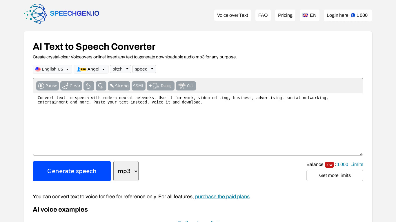 SpeechGen.io Landing page