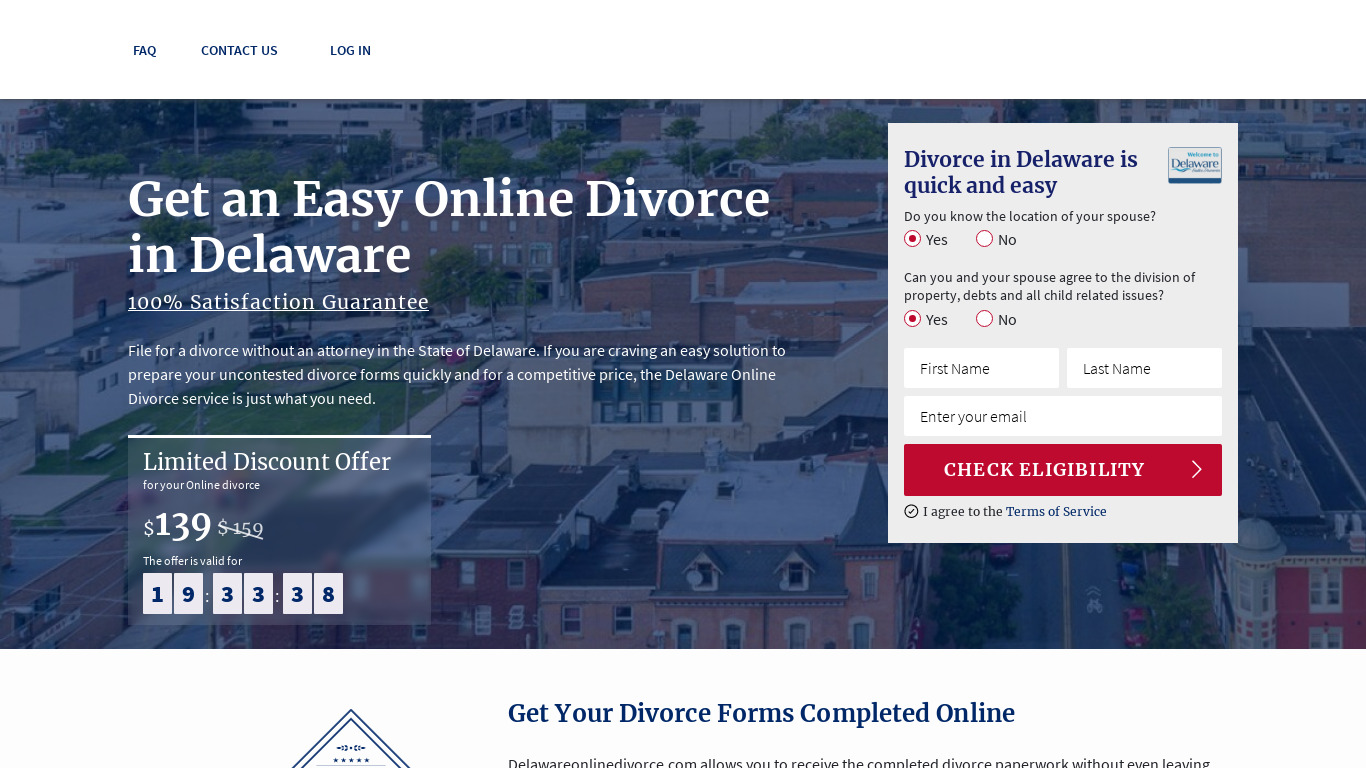 Delaware Online Divorce Landing page