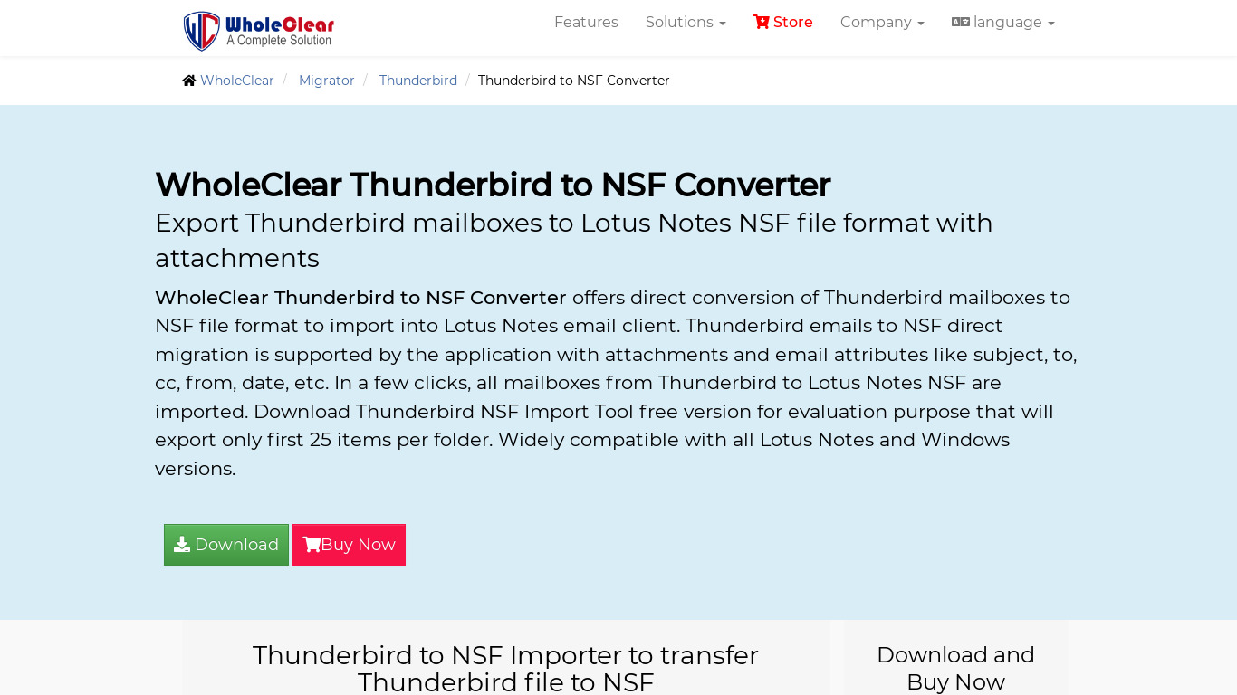 WholeClear Thunderbird to NSF Converter Landing page