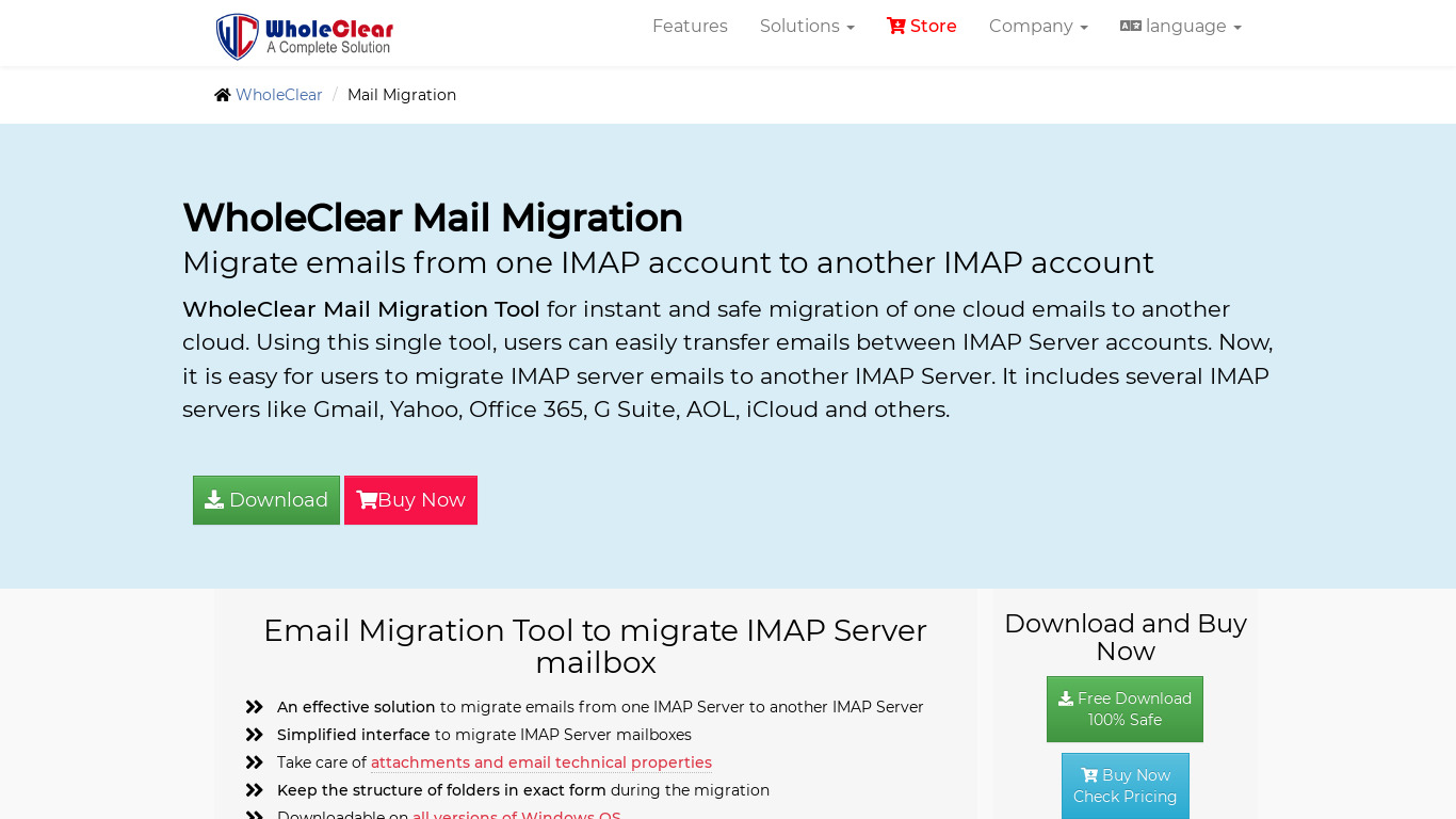 WholeClear Mail Migration Tool Landing page