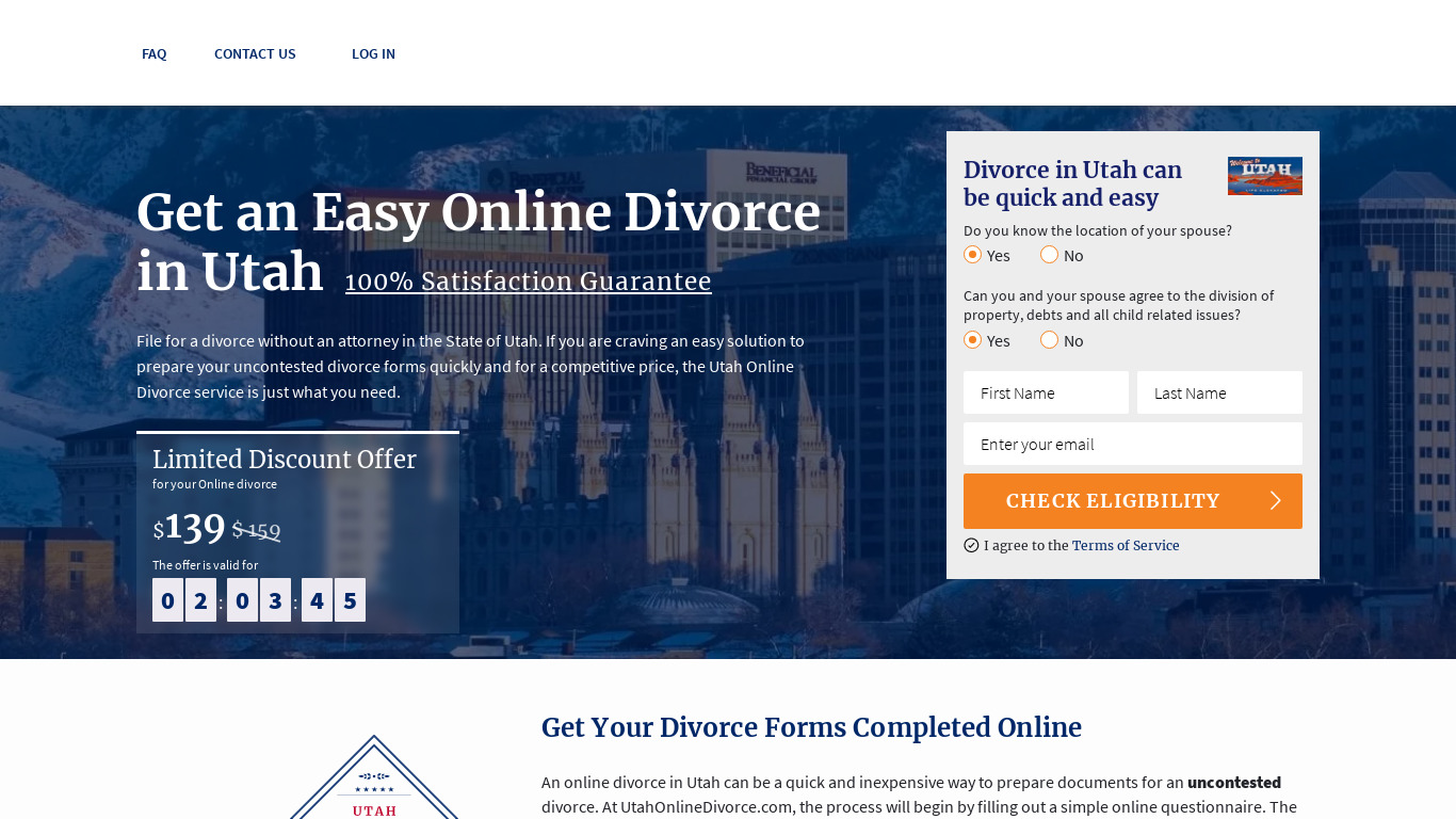 Utah Online Divorce Landing page