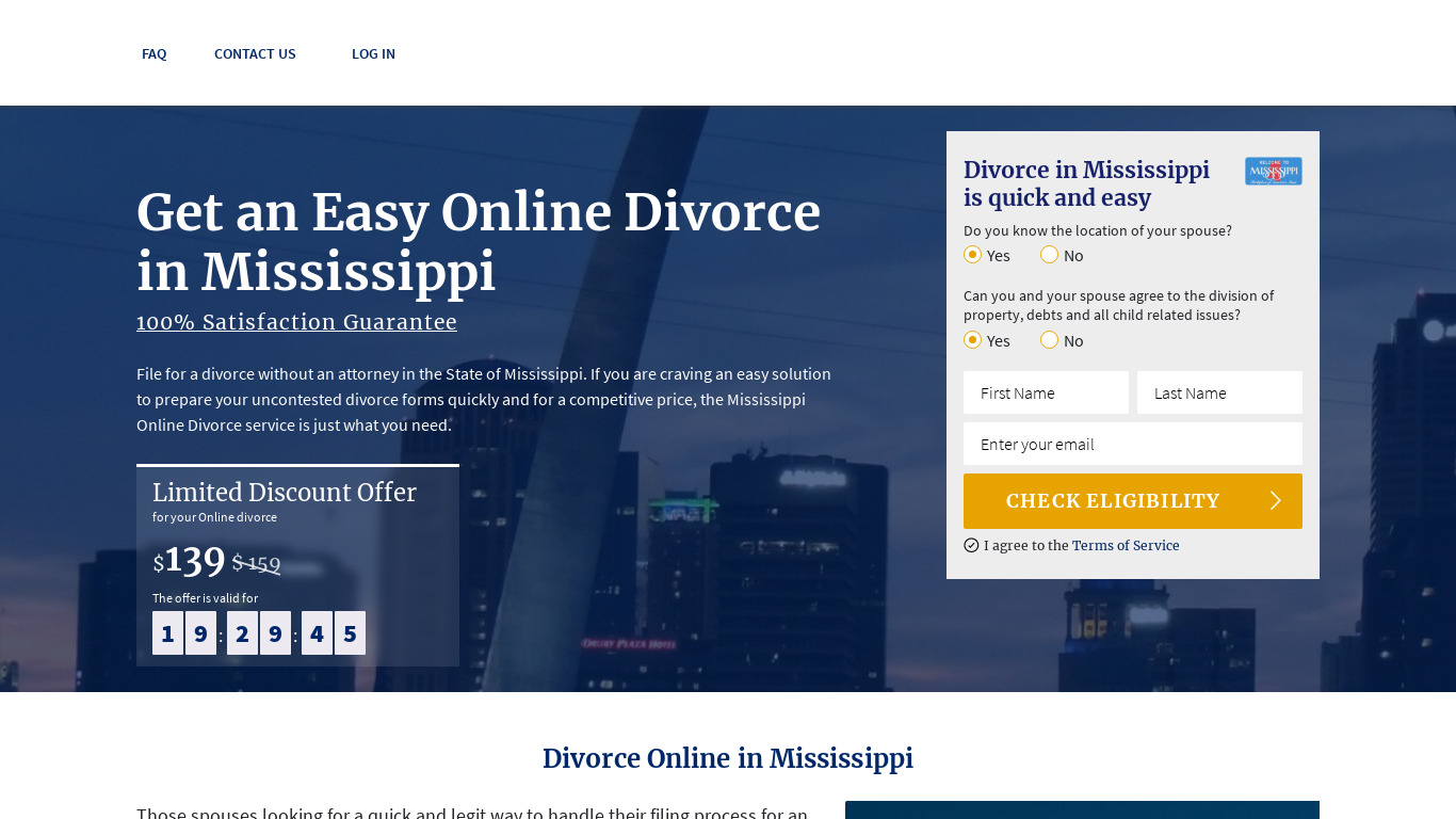 Mississippi Online Divorce Landing page