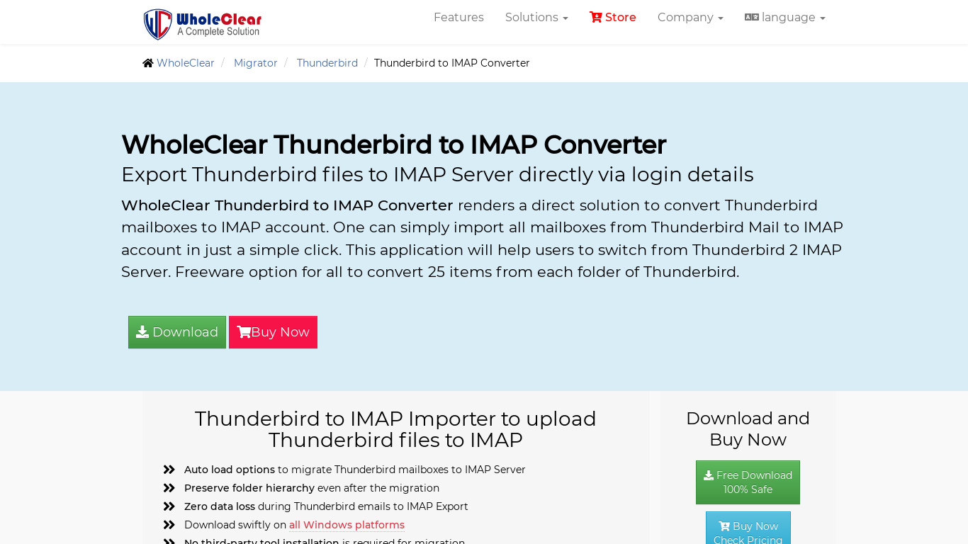 WholeClear Thunderbird to IMAP Converter Landing page