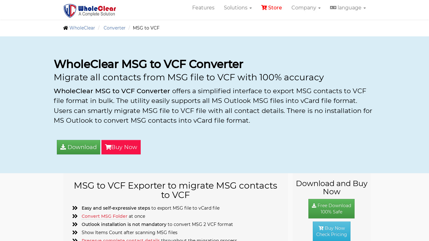 WholeClear MSG to VCF Converter Landing page