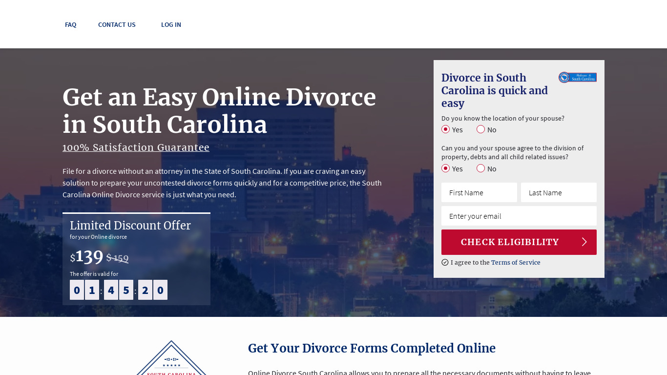 South Carolina Online Divorce Landing page