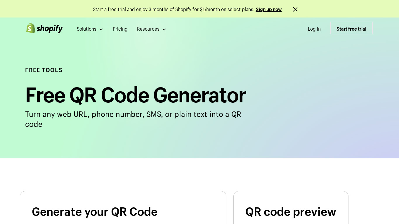 Shopify Free QR Code Generator Landing page