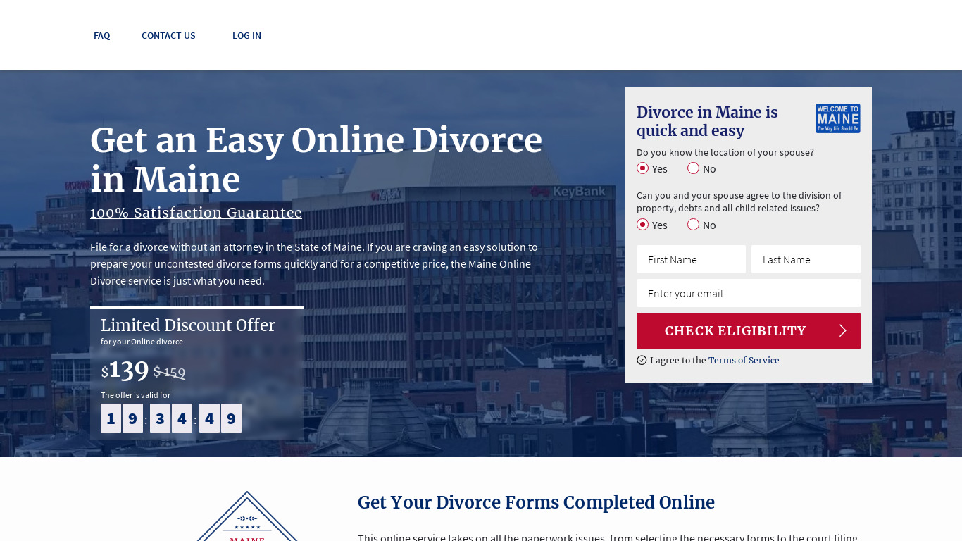 Maine Online Divorce Landing page