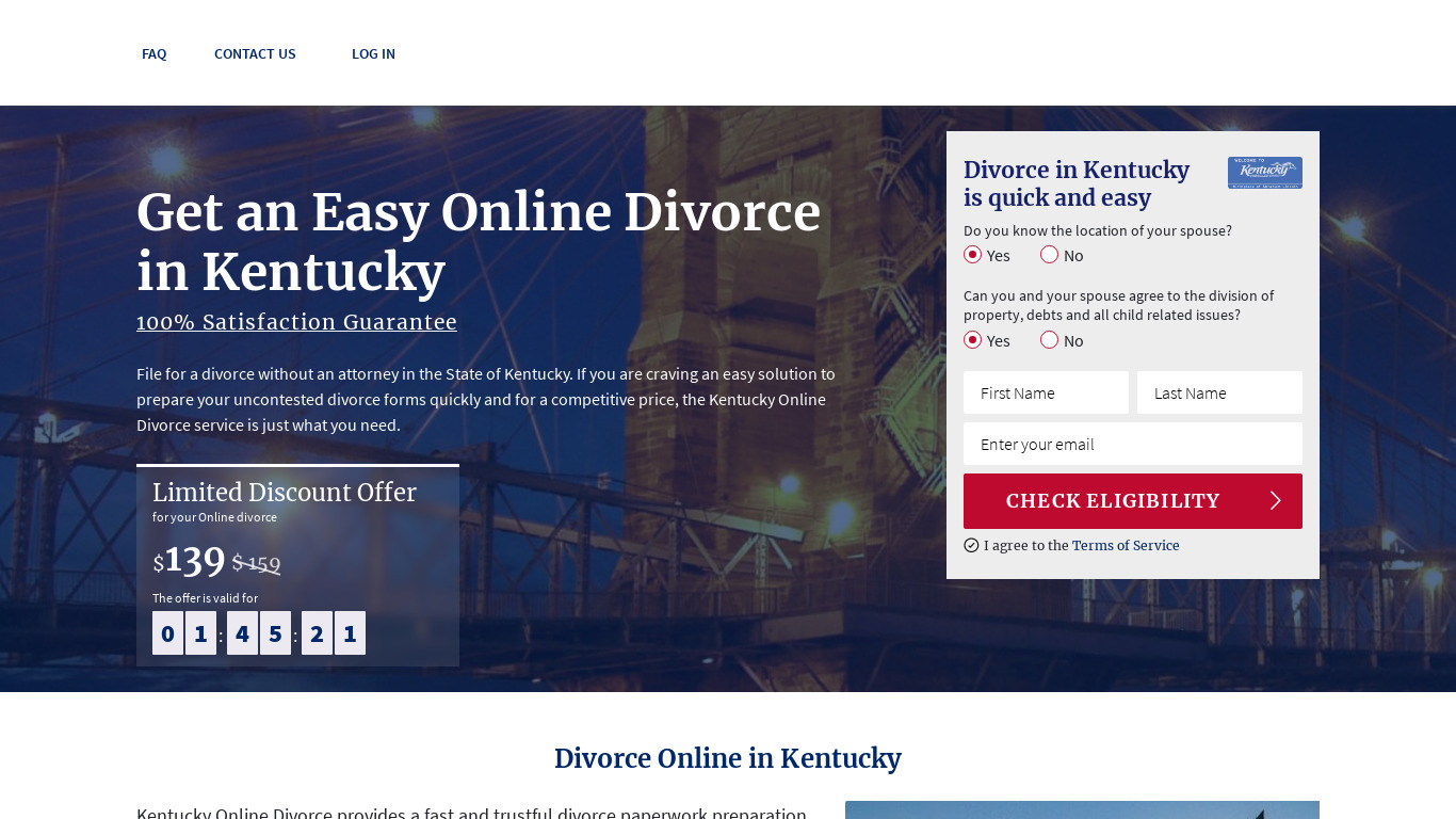 Kentucky Online Divorce Landing page