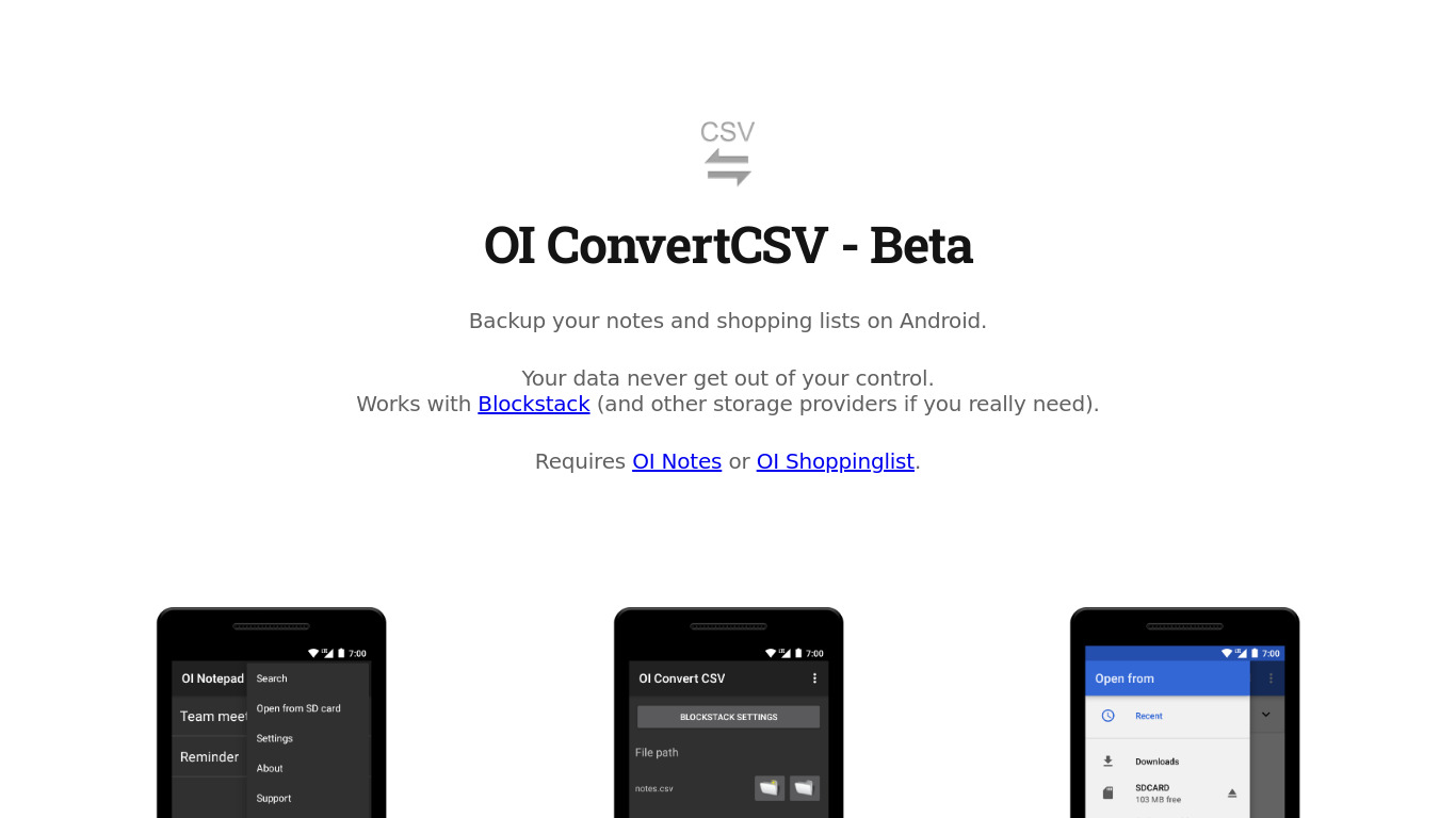OI ConvertCSV Landing page