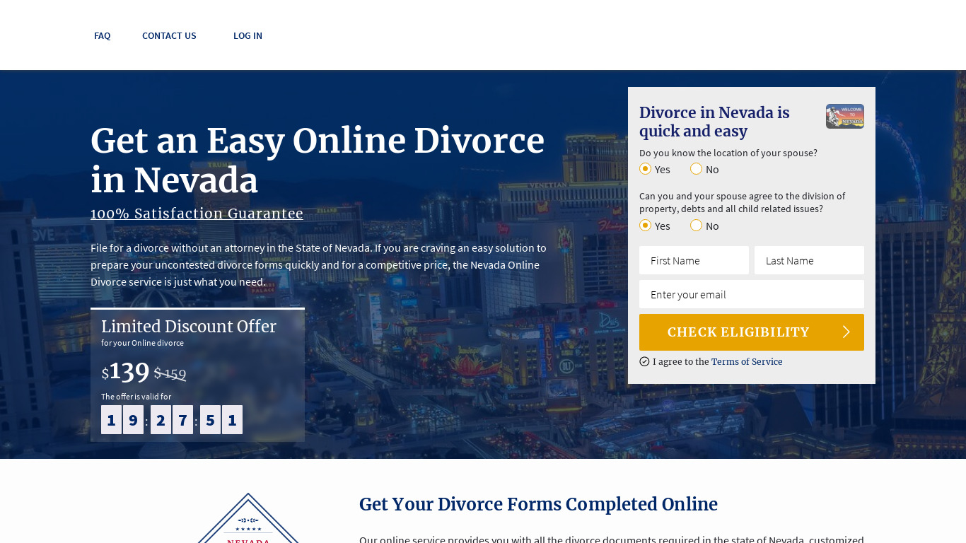 Nevada Online Divorce Landing page