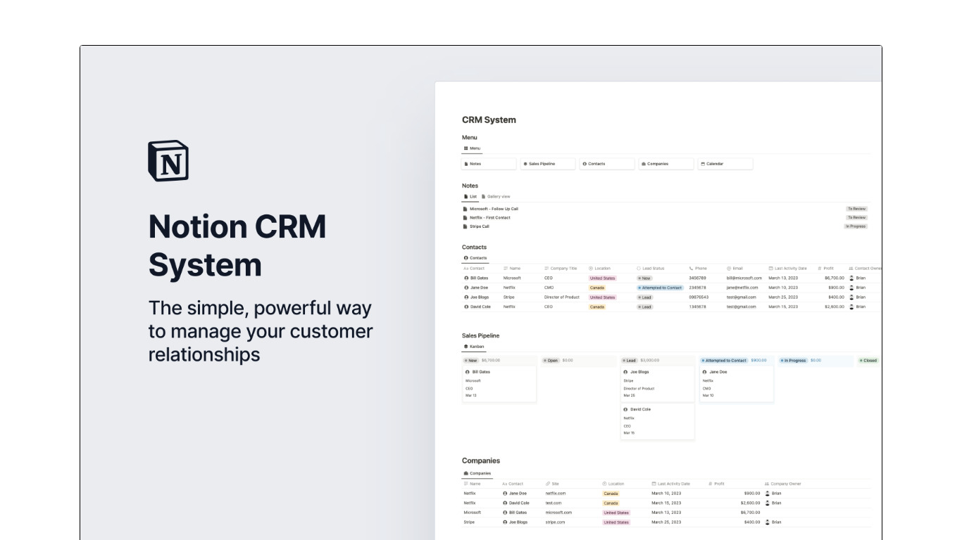 Notion CRM System Landing page