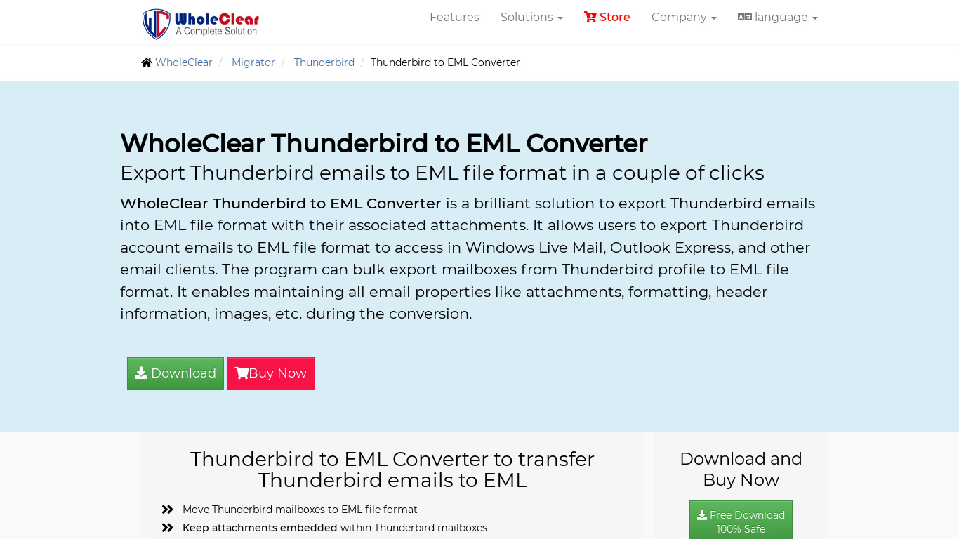 WholeClear Thunderbird to EML Converter Landing page