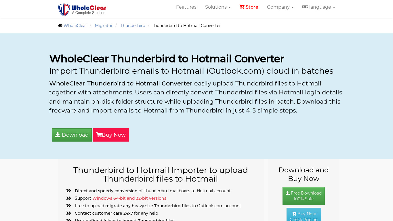 WholeClear Thunderbird to Hotmail Converter Landing page