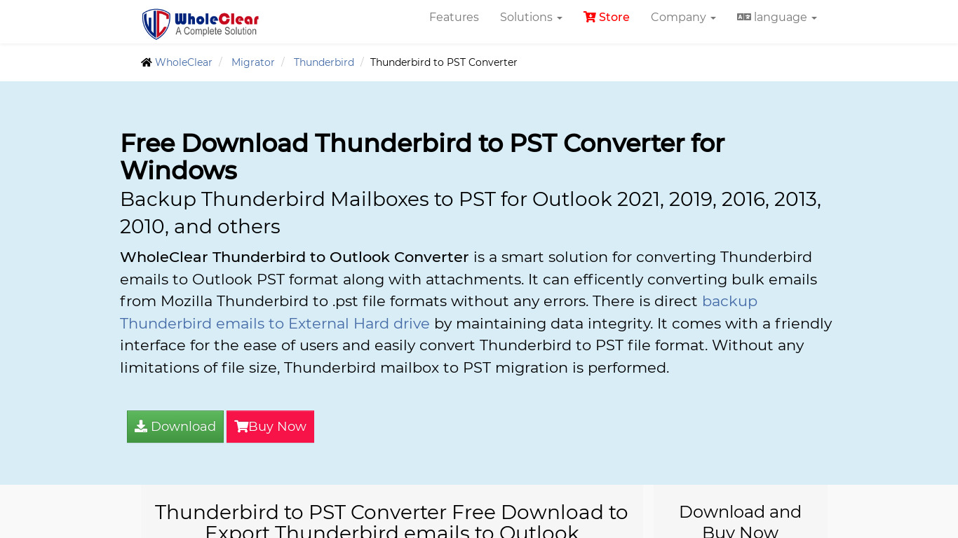 WholeClear Thunderbird to PST Converter Landing page