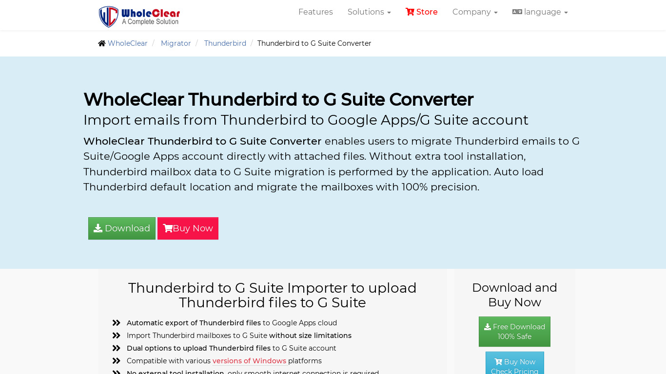 WholeClear Thunderbird to GSuite Converter Landing page