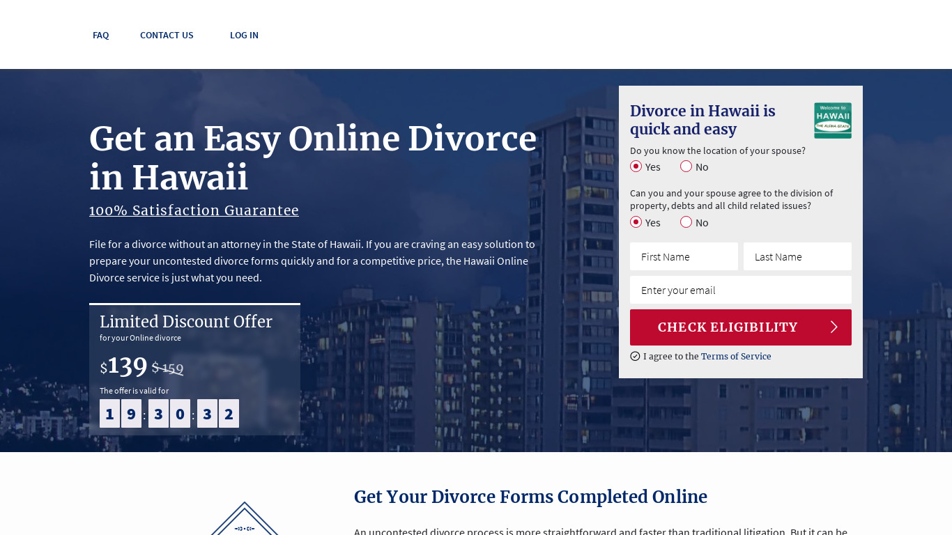 Hawaii Online Divorce Landing page