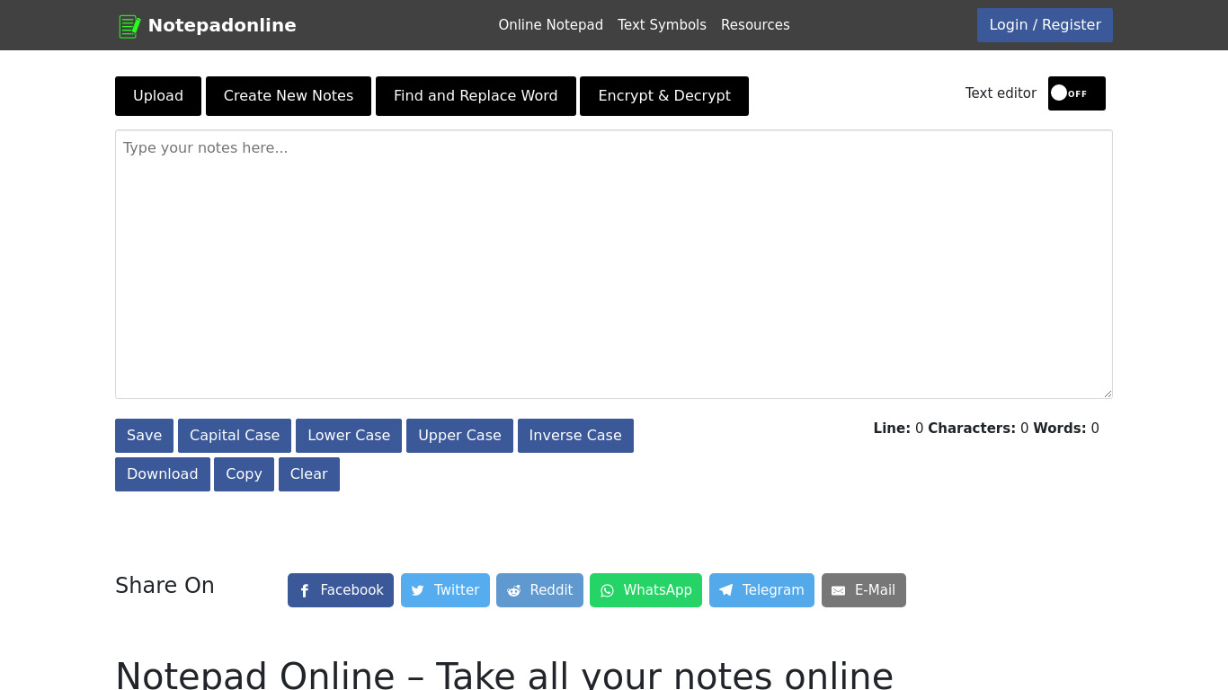 Notepad Online Landing page
