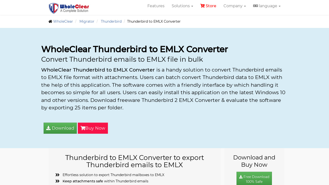 WholeClear Thunderbird to EMLX Converter Landing page
