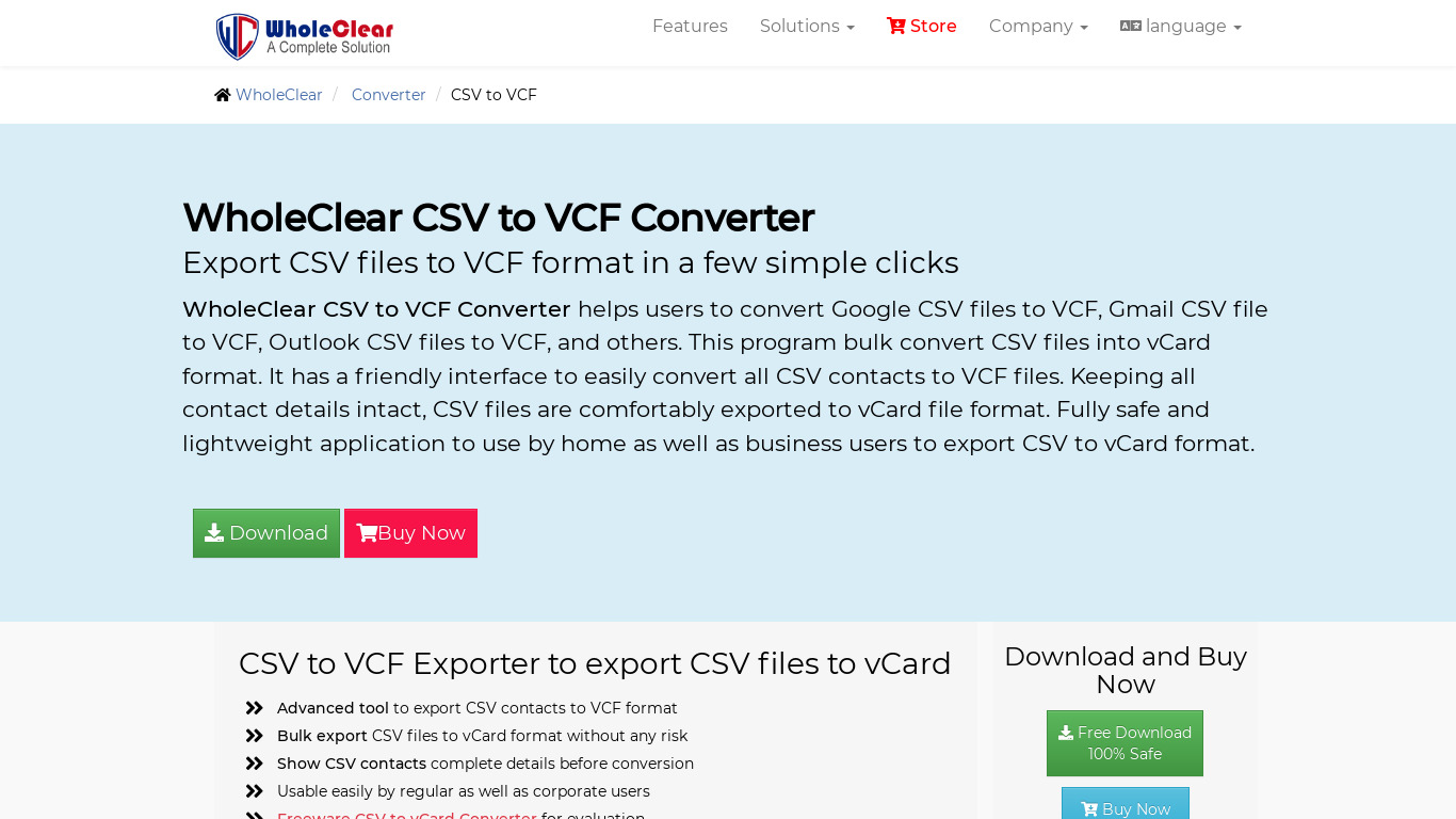 WholeClear CSV to VCF Converter Landing page