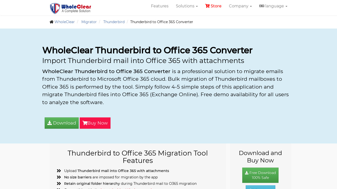 WholeClear Thunderbird to Office 365 Landing page
