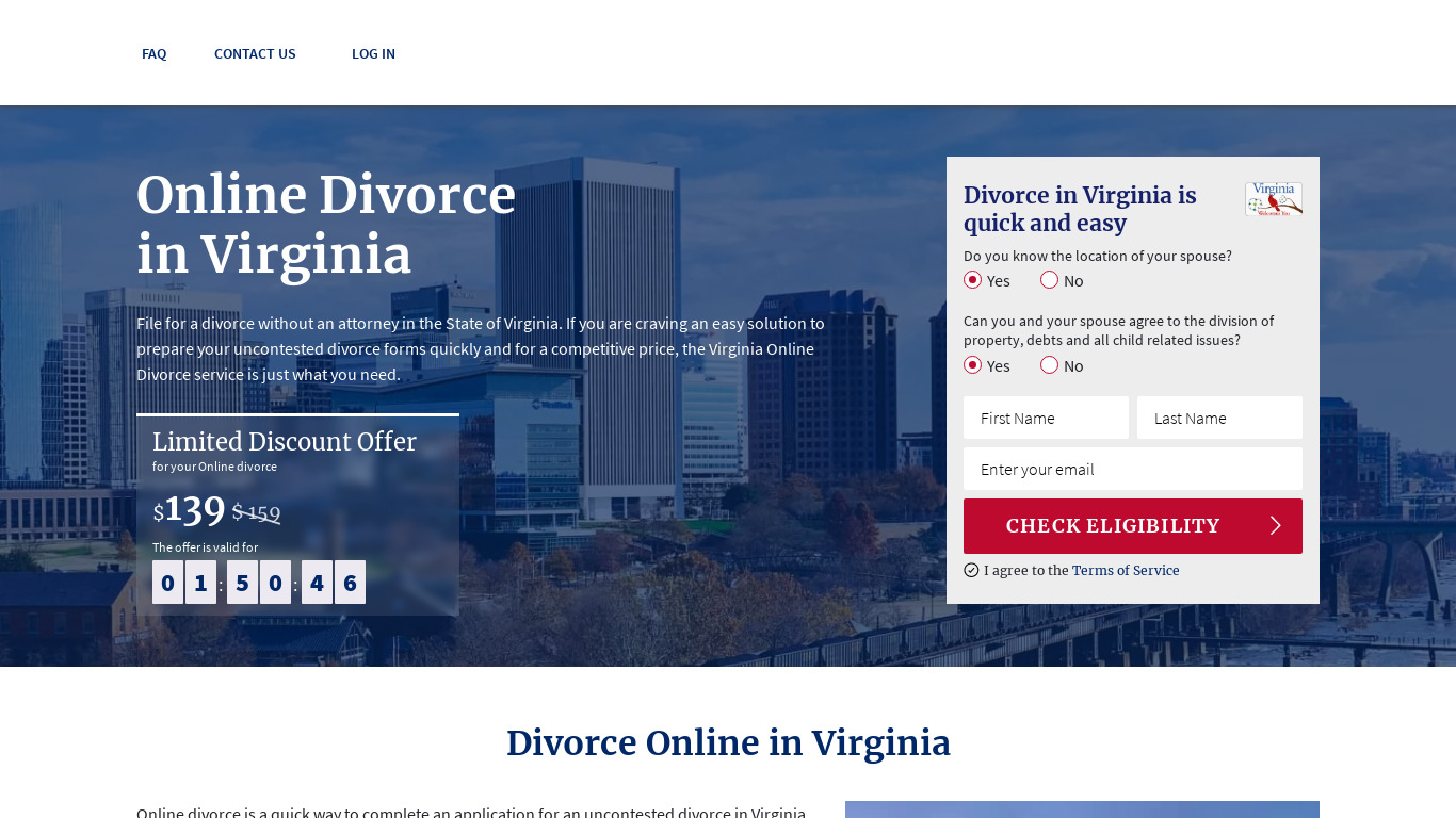 Virginia Online Divorce Landing page