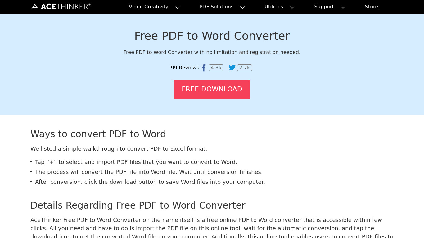 Acethinker Free PDF to Word Landing page