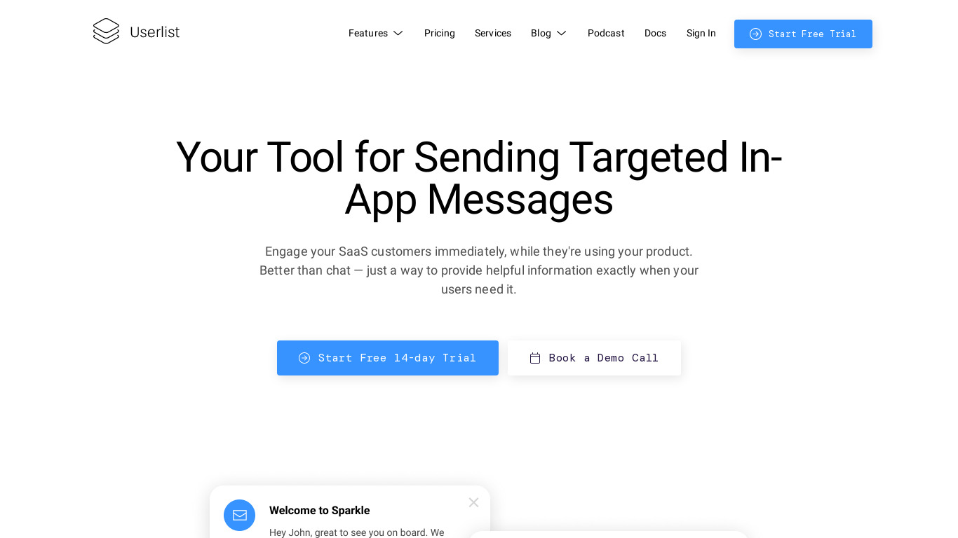 In-App Messages by Userlist Landing page