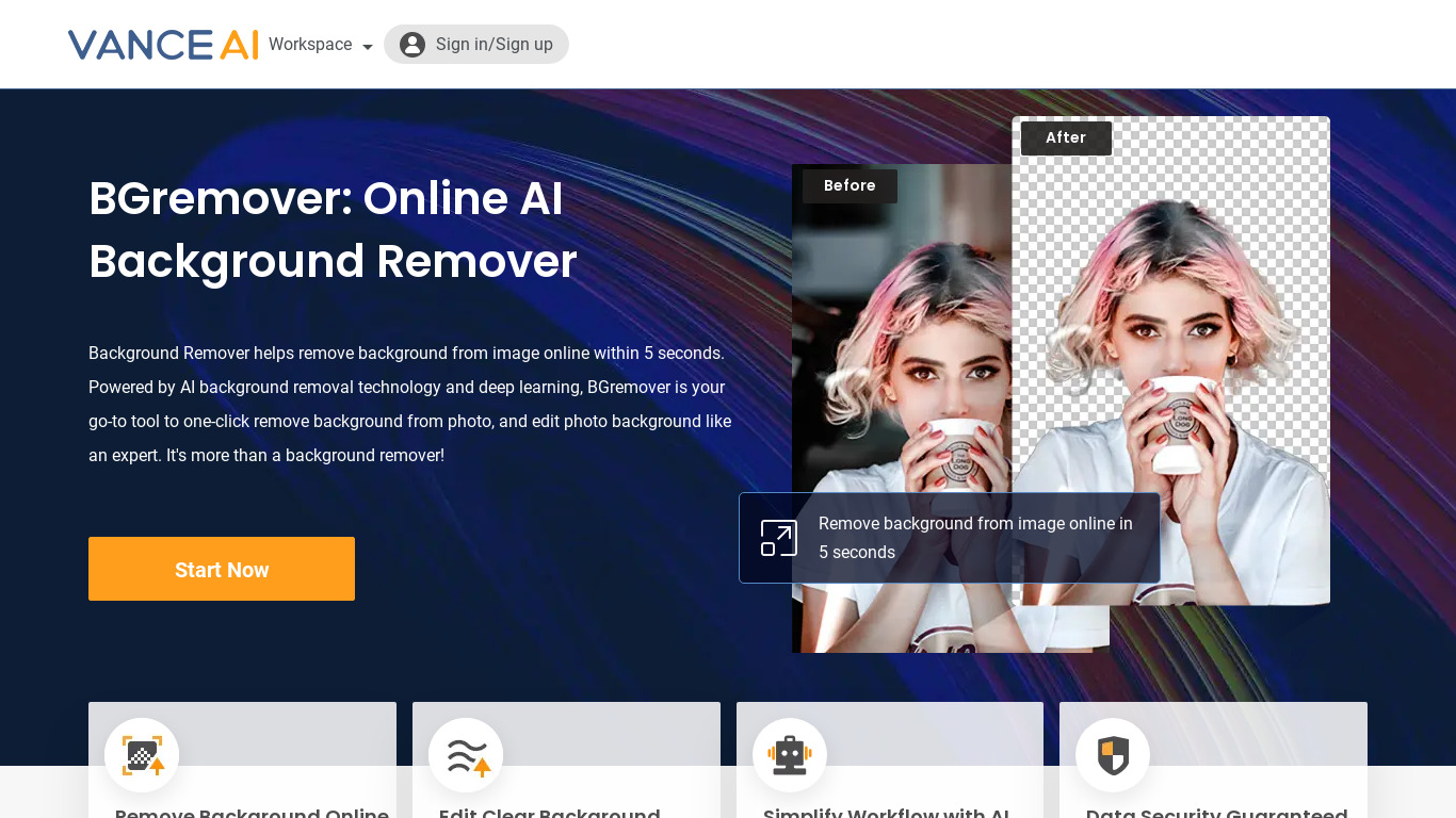 Vance AI Background Remover Landing page