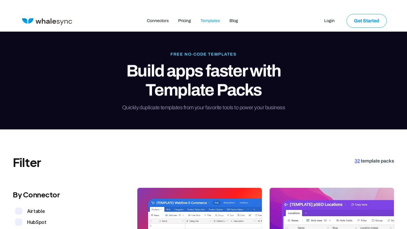 No-Code Template Packs Landing page