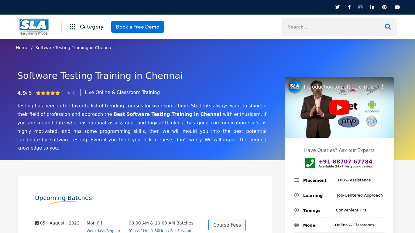 Software Testing Training in Chennai Landing page