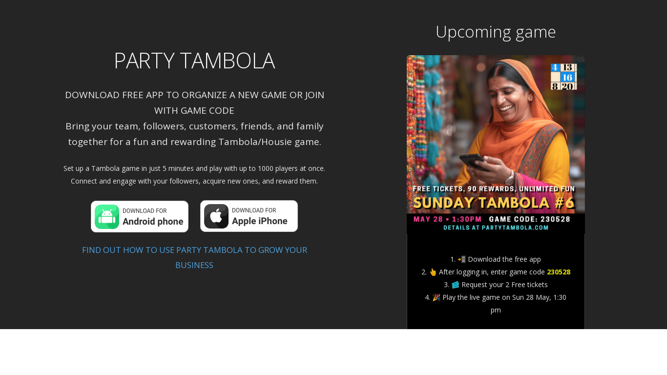 PartyTambola Landing page