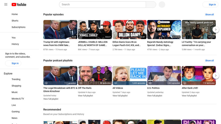 YouTube Podcasts Landing Page