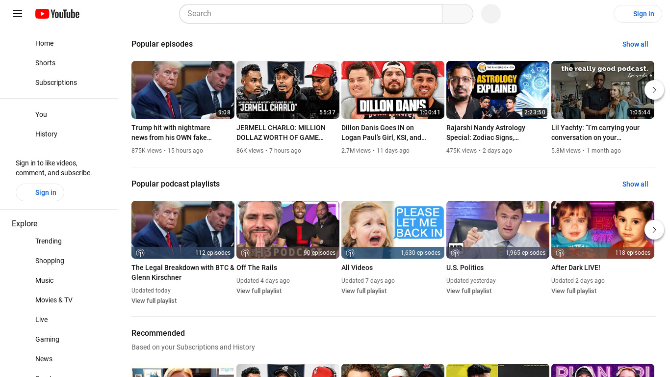 YouTube Podcasts Landing page