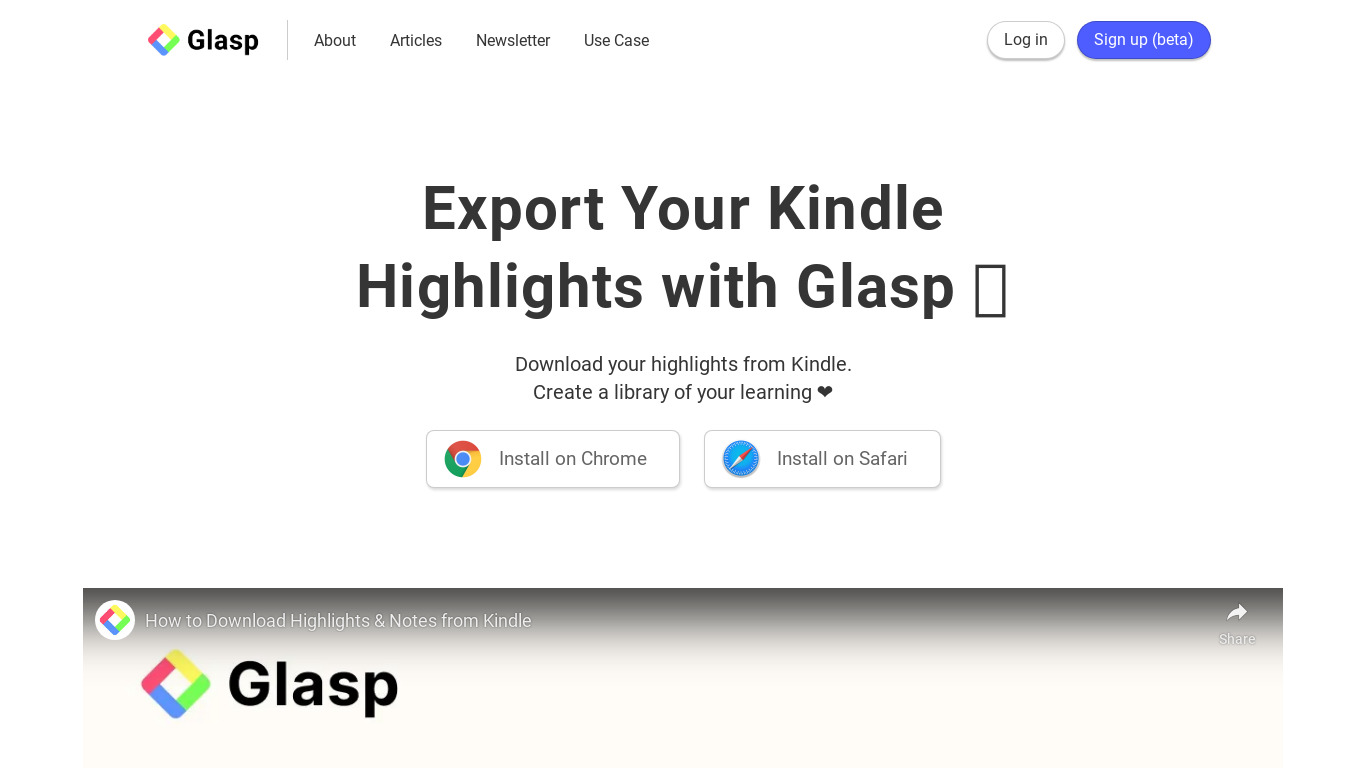 Kindle Highlight Export by Glasp Landing page