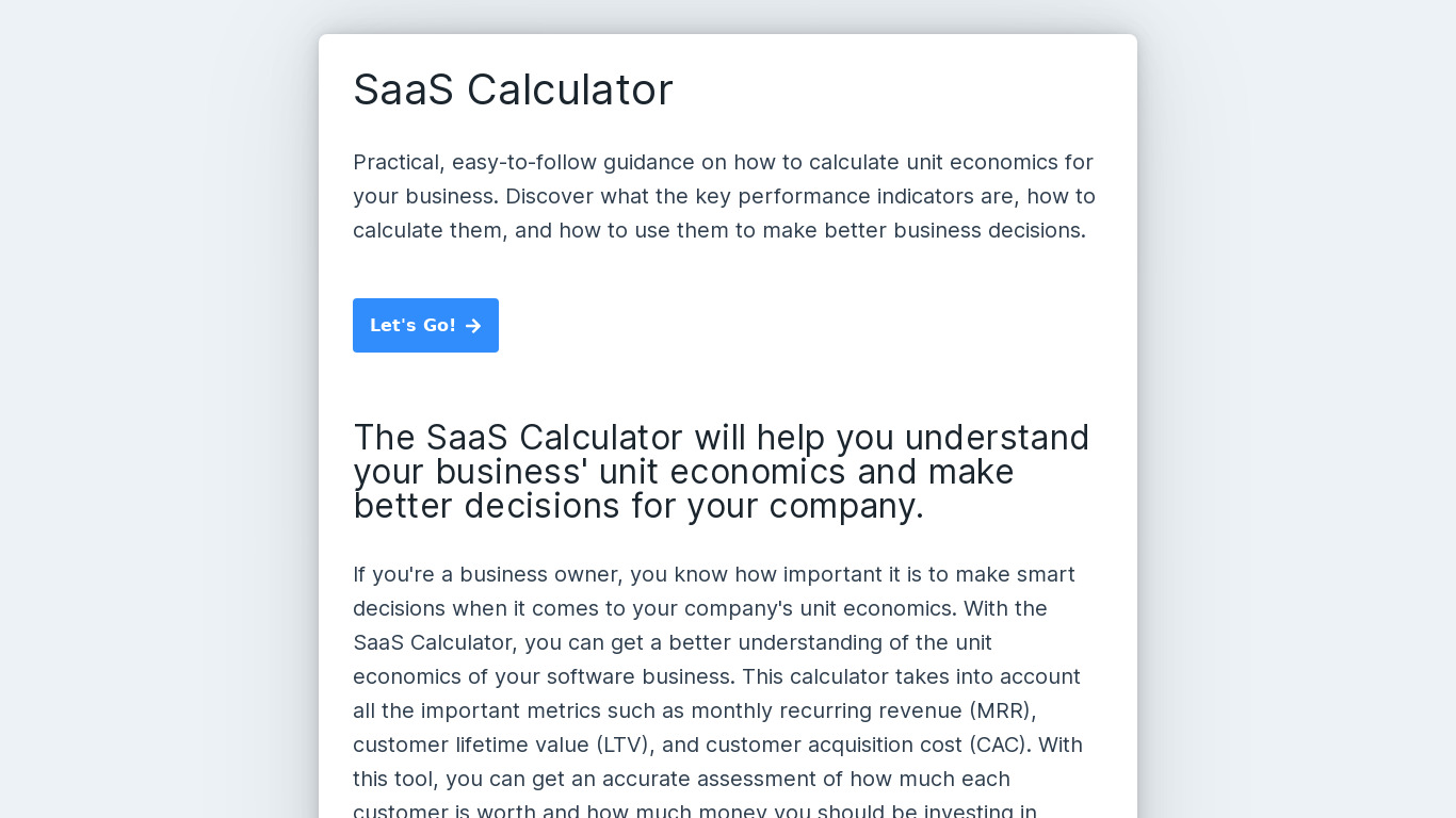 SaaS-Calculator.com Landing page