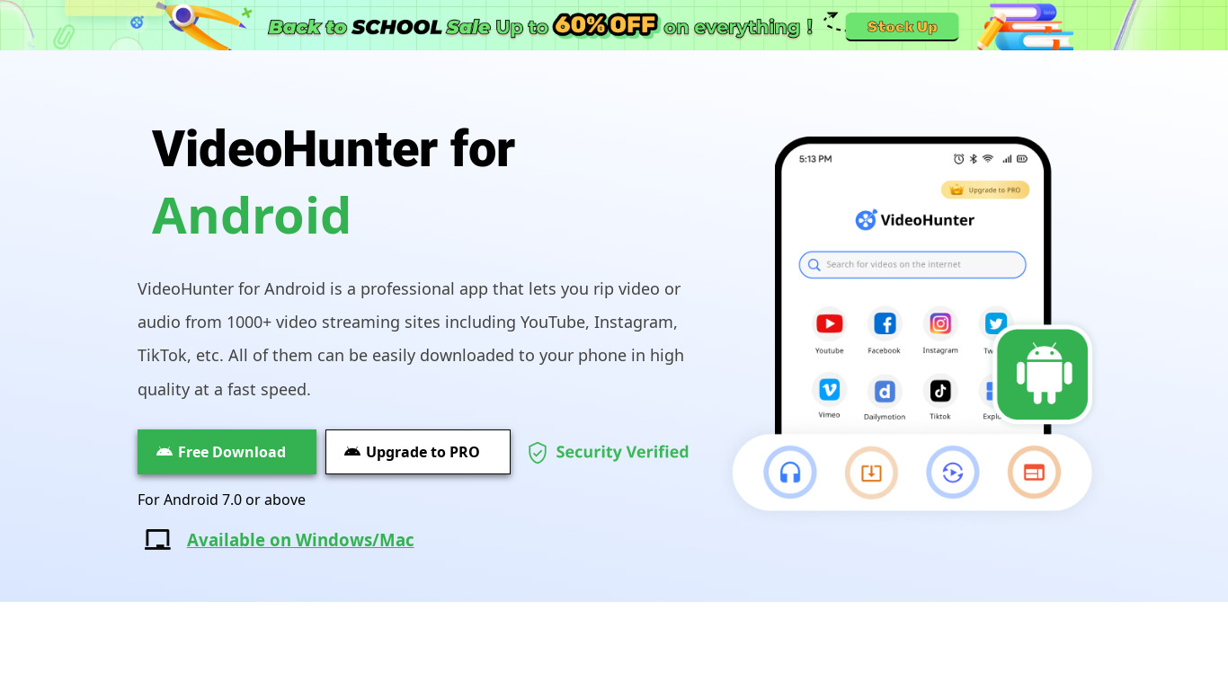 VideoHunter for Android Landing page