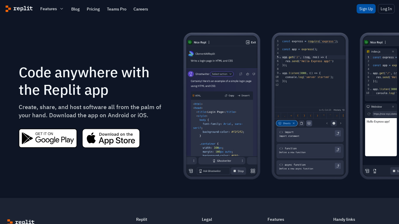 The Replit Mobile App Landing page