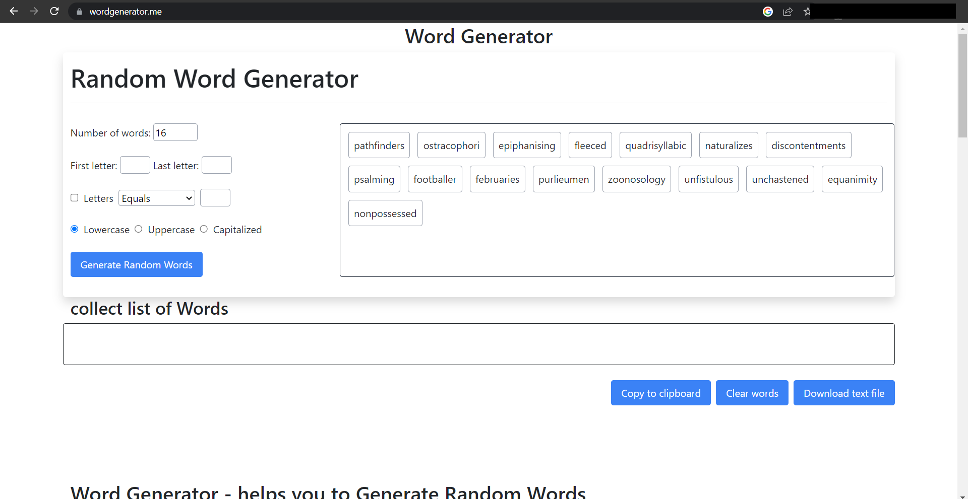 WordGenerator.me Landing page