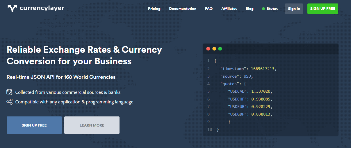 Currencylayer Landing page