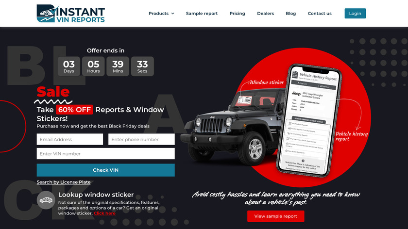 Instant VIN Reports Landing Page