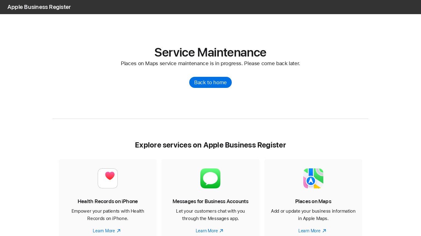 Apple Maps Connect Landing page