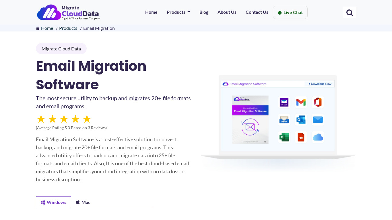 MigrateCloudData Email Migration Landing page