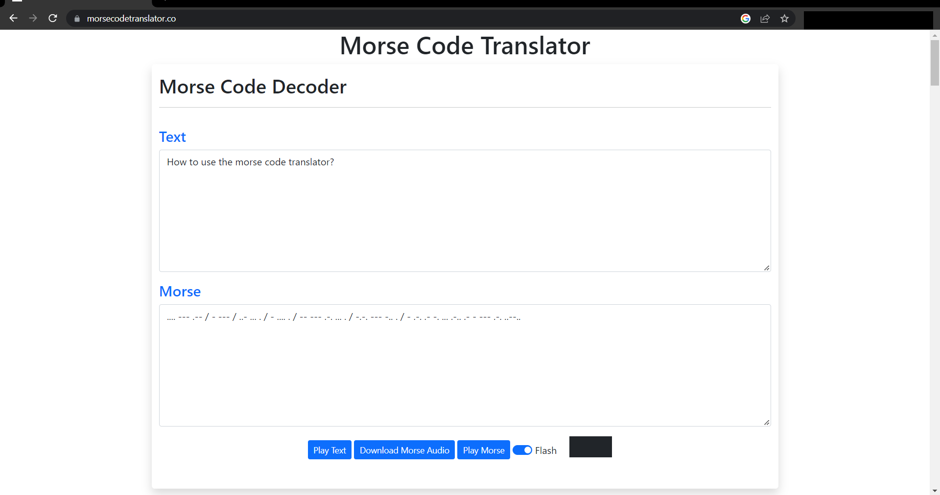 MorseCodeTranslator.co Landing page