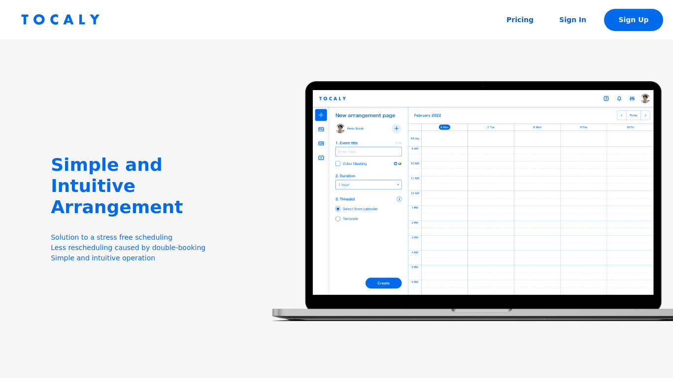 Tocaly Landing page