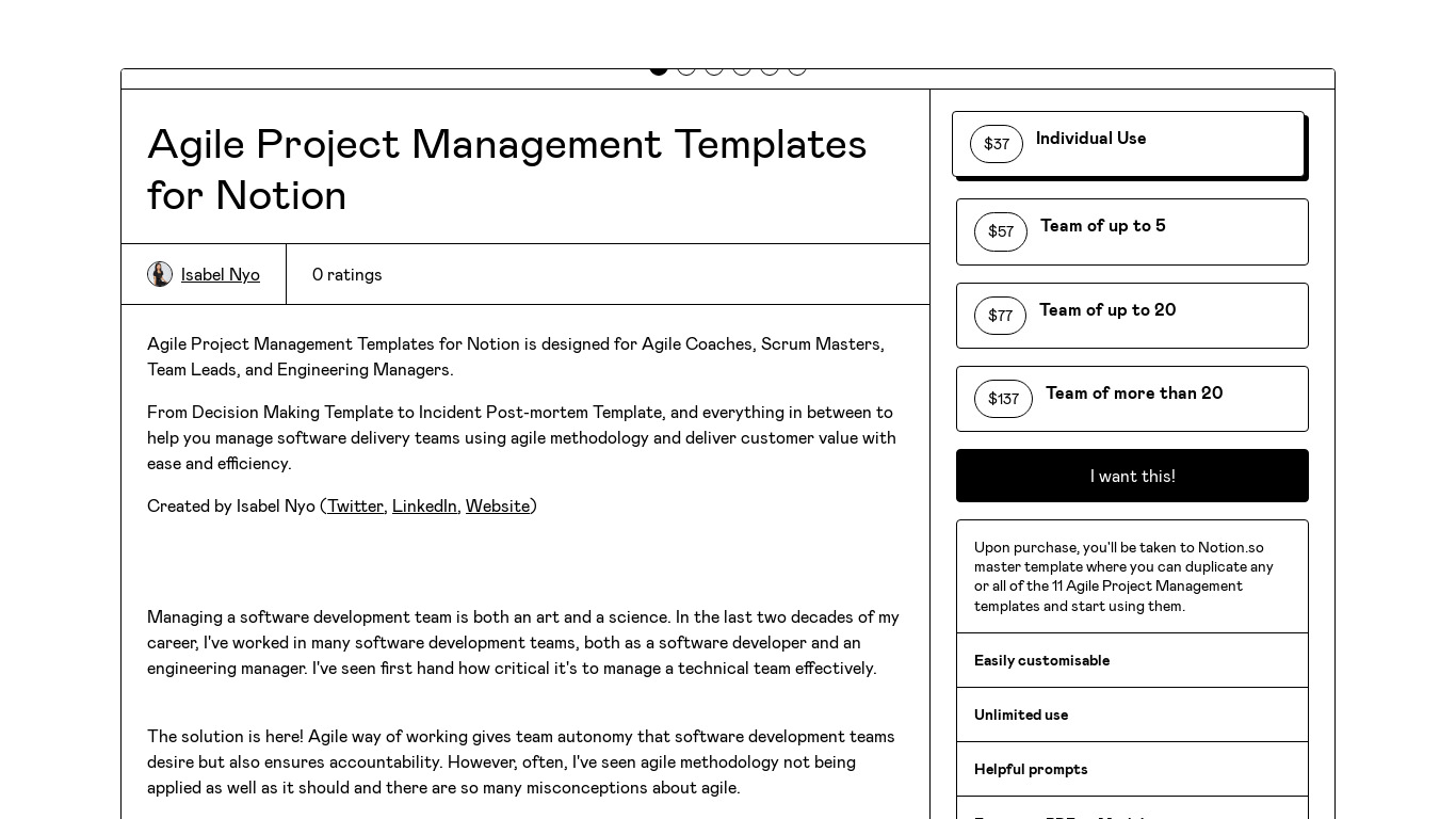 Agile Project Management for Notion Landing page