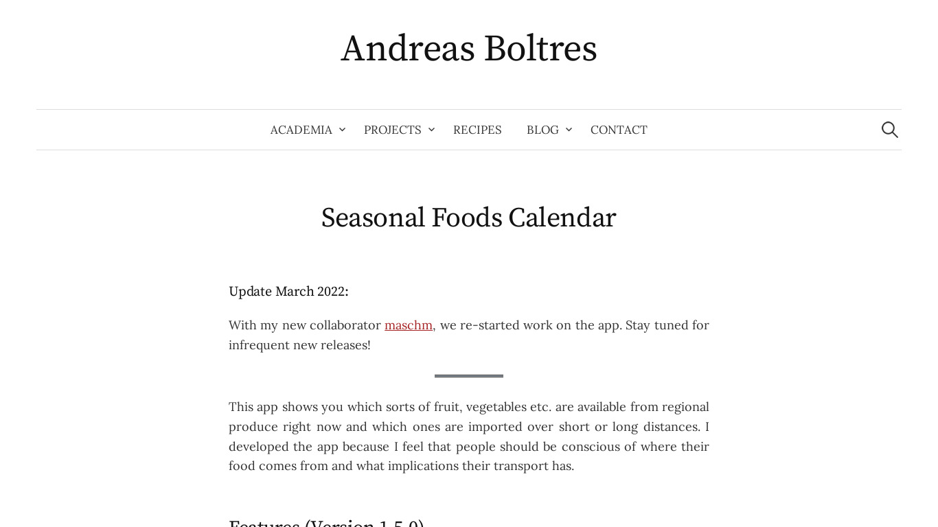 Seasonal Foods Calendar Landing page