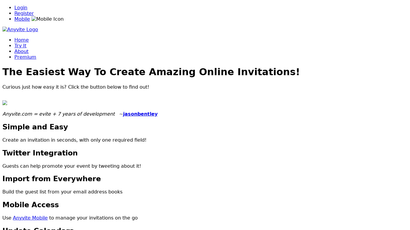 Anyvite Landing page